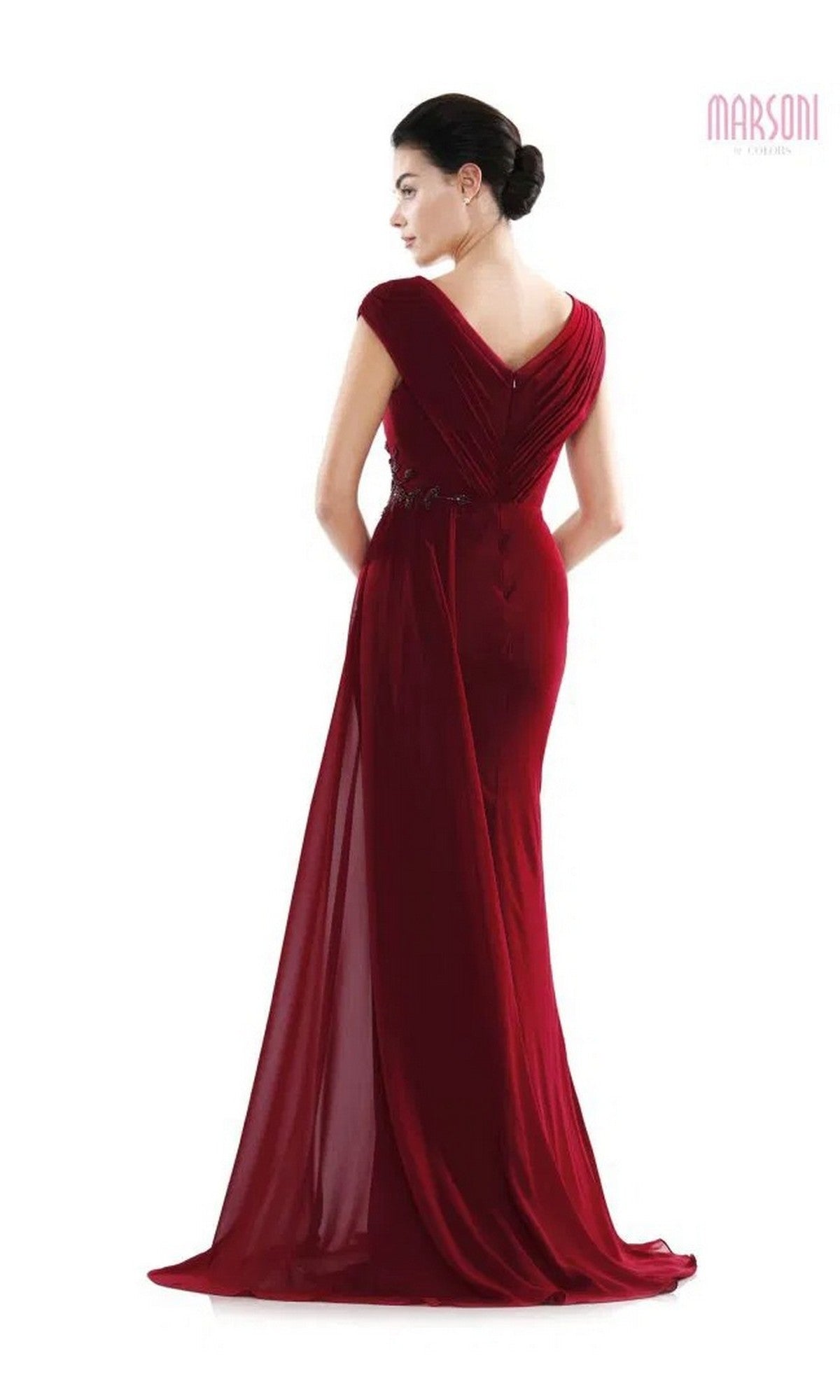 A woman stands against a white background wearing the Marsoni MV1080, a floor-length deep red chiffon formal dress with cap sleeves, v-neckline, and draped back.